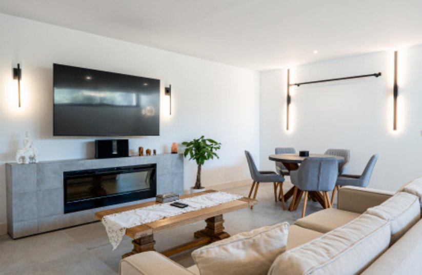 Open-plan living room with fireplace